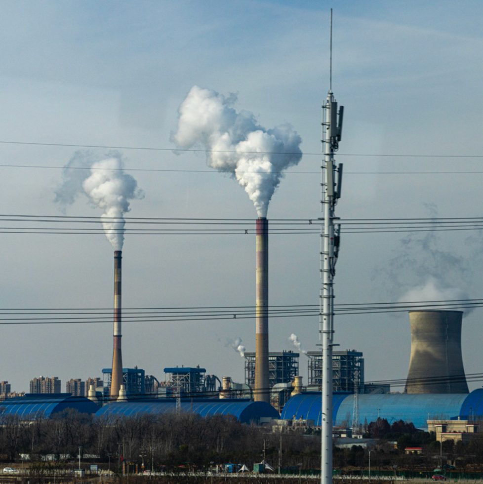 This is a photograph of two smokestacks.